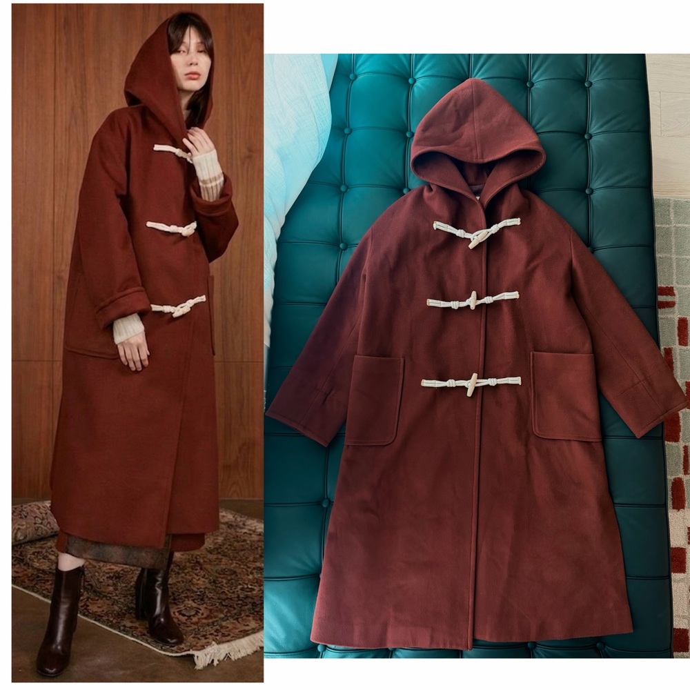 Cashmere Wool Blend Made in Korea Duffle Hooded Long Coat - Burgundy